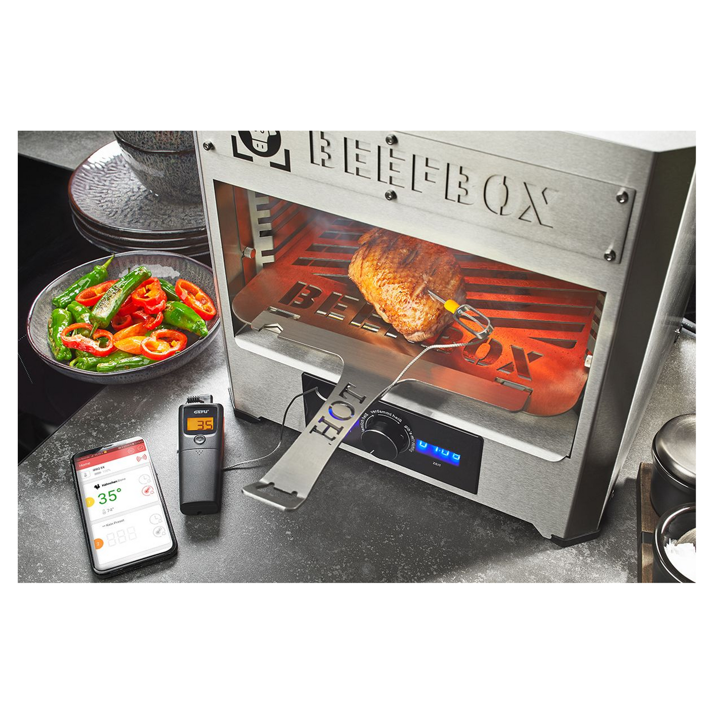 GEFU CONTROL Termometro Digitale per Barbecue e Cucina, Arrosti e Affumicatura con App Smartphone – Display LCD, Sonda ad Alta Precisione, Portata fino a 30 metri