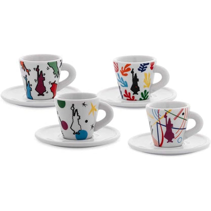 Bialetti Set 4 Tazzine Espresso con Piattino in Porcellana Arte – Tazzine Caffè Design Mirò Kandinsky Haring Matisse 60 ml Idea Regalo Elegante