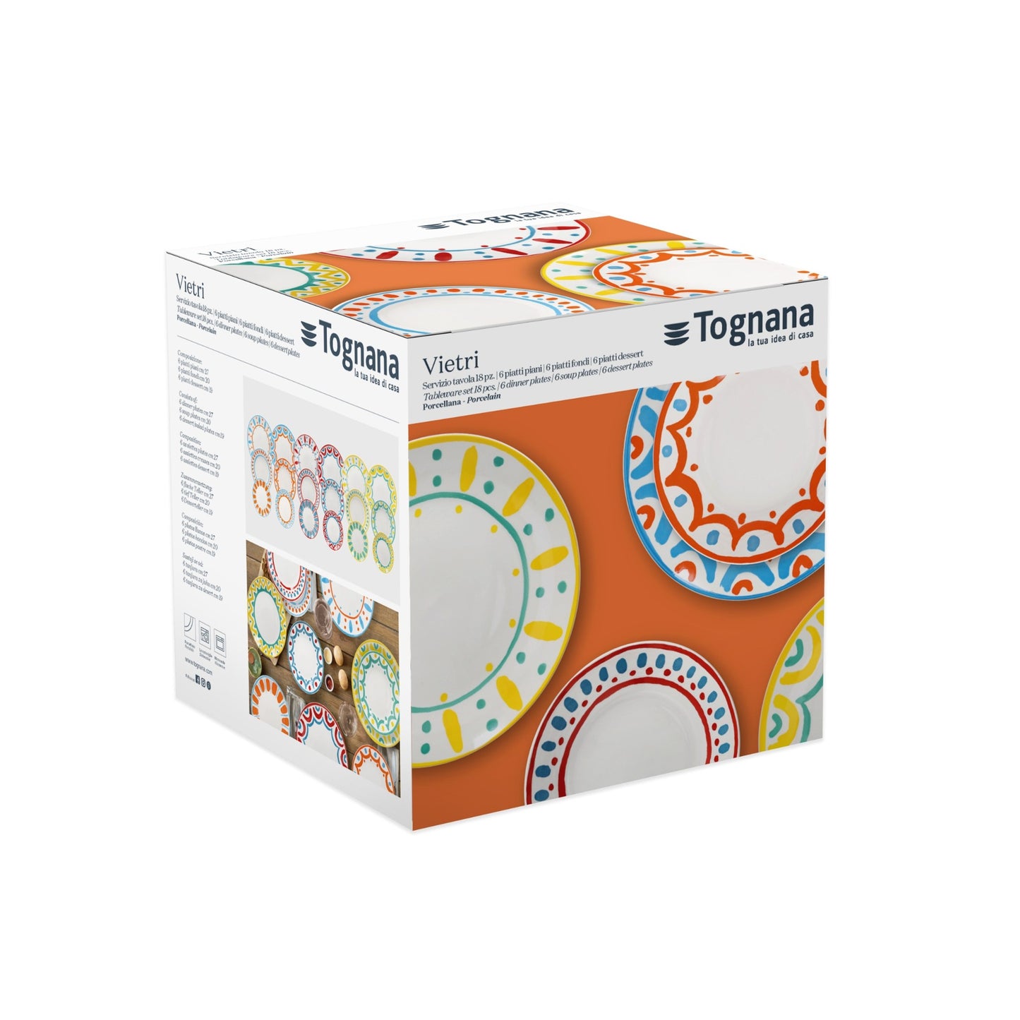 Tognana Servizio Tavola Madison Vietri 18 Pezzi in Porcellana Multicolor – Set Piatti 6 Persone Adatto Anche a Lavastoviglie e Microonde