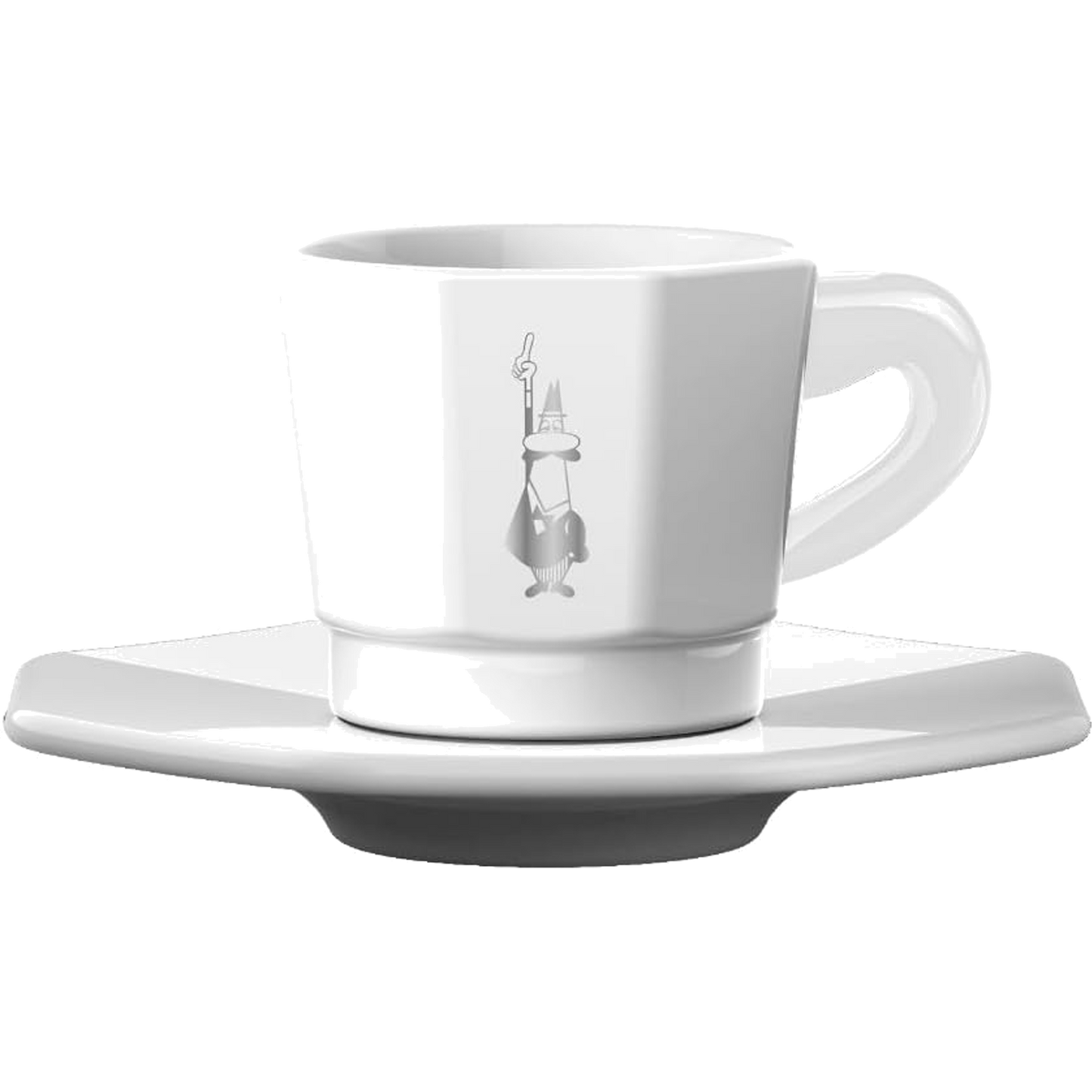 Bialetti Set 4 Tazzine Espresso Ottagonali con Piattini – Tazzine Moka Design Iconico 75 ml in Porcellana Bianca