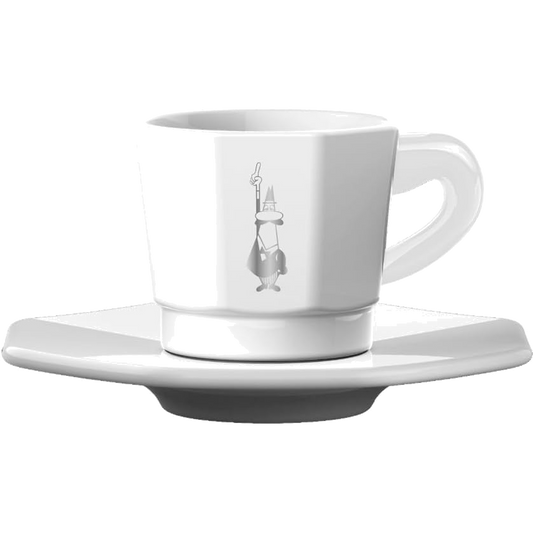 Bialetti Set 4 Tazzine Espresso Ottagonali con Piattini – Tazzine Moka Design Iconico 75 ml in Porcellana Bianca