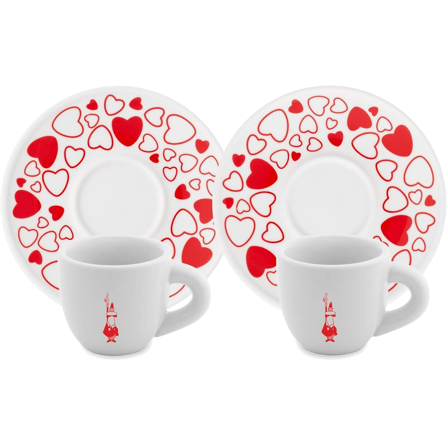Bialetti Set 2 Tazzine Moka Cuore con Piattini – Tazzine Espresso in Porcellana Rosso Bianco