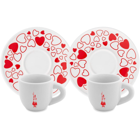 Bialetti Set 2 Tazzine Moka Cuore con Piattini – Tazzine Espresso in Porcellana Rosso Bianco