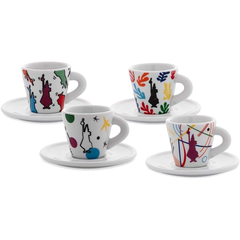 Bialetti Set 4 Tazzine Espresso con Piattino in Porcellana Arte – Tazzine Caffè Design Mirò Kandinsky Haring Matisse 60 ml Idea Regalo Elegante