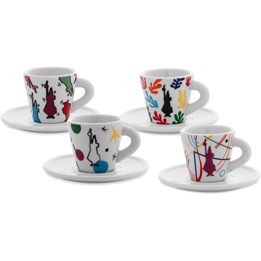 Bialetti Set 4 Tazzine Espresso con Piattino in Porcellana Arte – Tazzine Caffè Design Mirò Kandinsky Haring Matisse 60 ml Idea Regalo Elegante