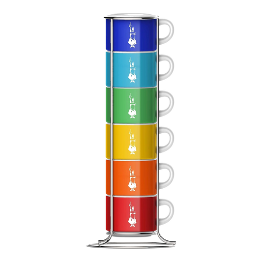 Bialetti Set 6 Tazzine Impilabili Color con Portatazzine – Tazzine Espresso in Porcellana Multicolore Salvaspazio
