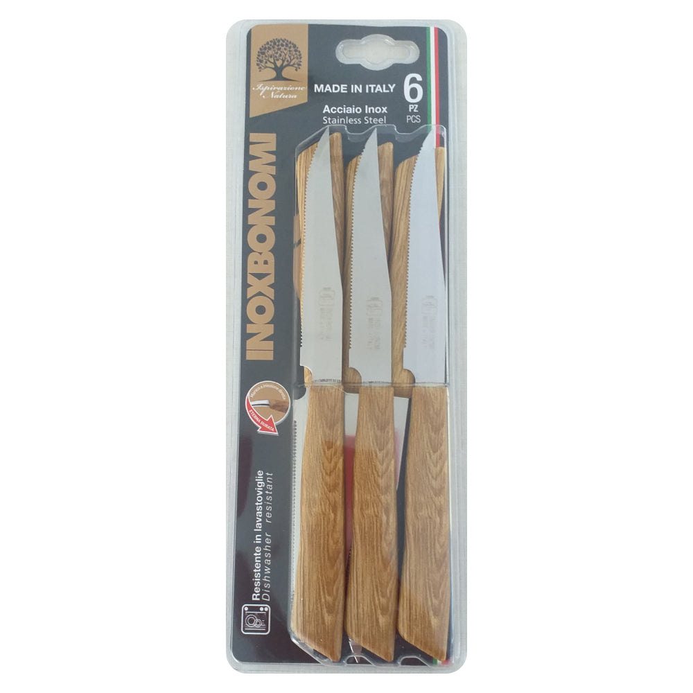 Set de 6 Cuchillos de Mesa para Pizza y Bistec en Madera Inoxbonomi